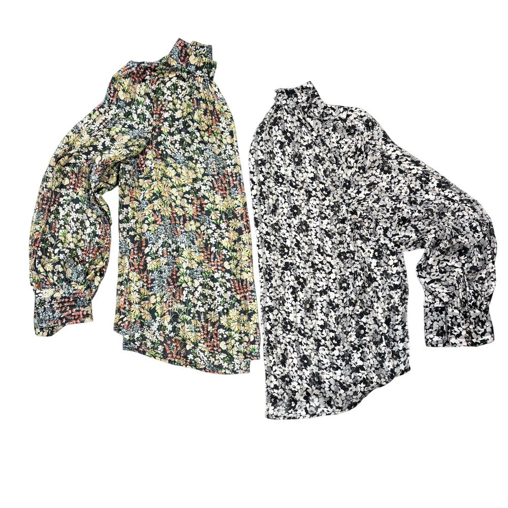 H&M Blouse Bundle Black & White Floral, Brown Floral High Neck Button-Up Size S